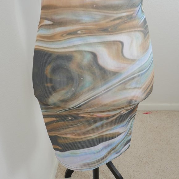 Pretty Little Thing Blue Brown Green Marble Design Size 4 Sleeveless Mini Dress - Picture 8 of 11